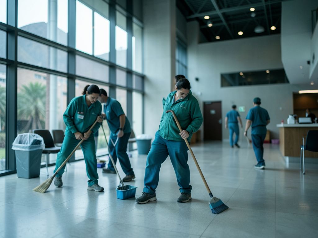 Trabajadores de aseo en un edificio público